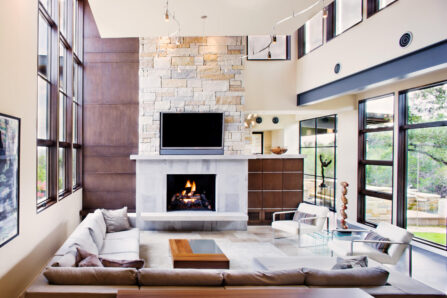 LaRue Architects: Living room with fireplace